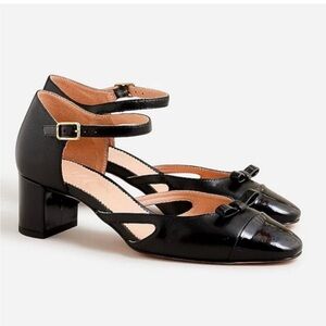 J.Crew Millie black leather ankle strap cut out heels with bow detail